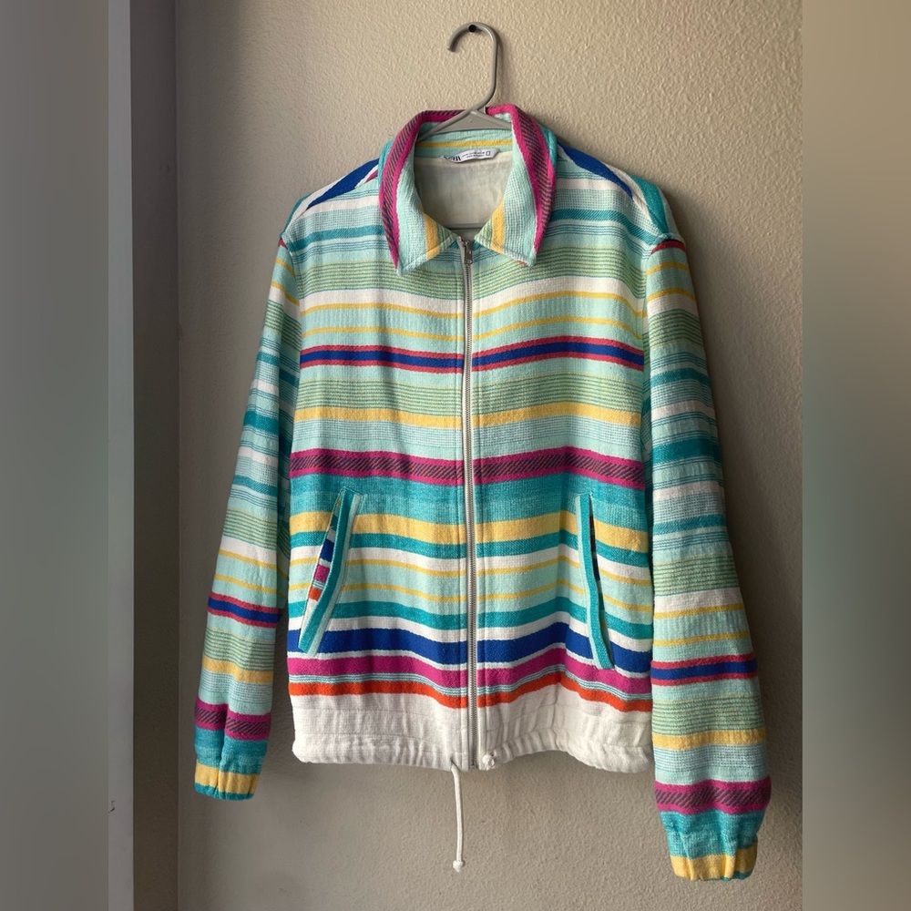 Zara Rainbow Striped Bomber Jacket Size M Spring Boho Festival